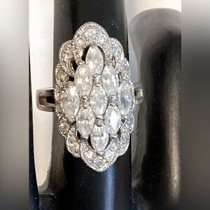Oval 925 Silver and Rhinestone Cocktail Ring, Approximate size 7, see pic